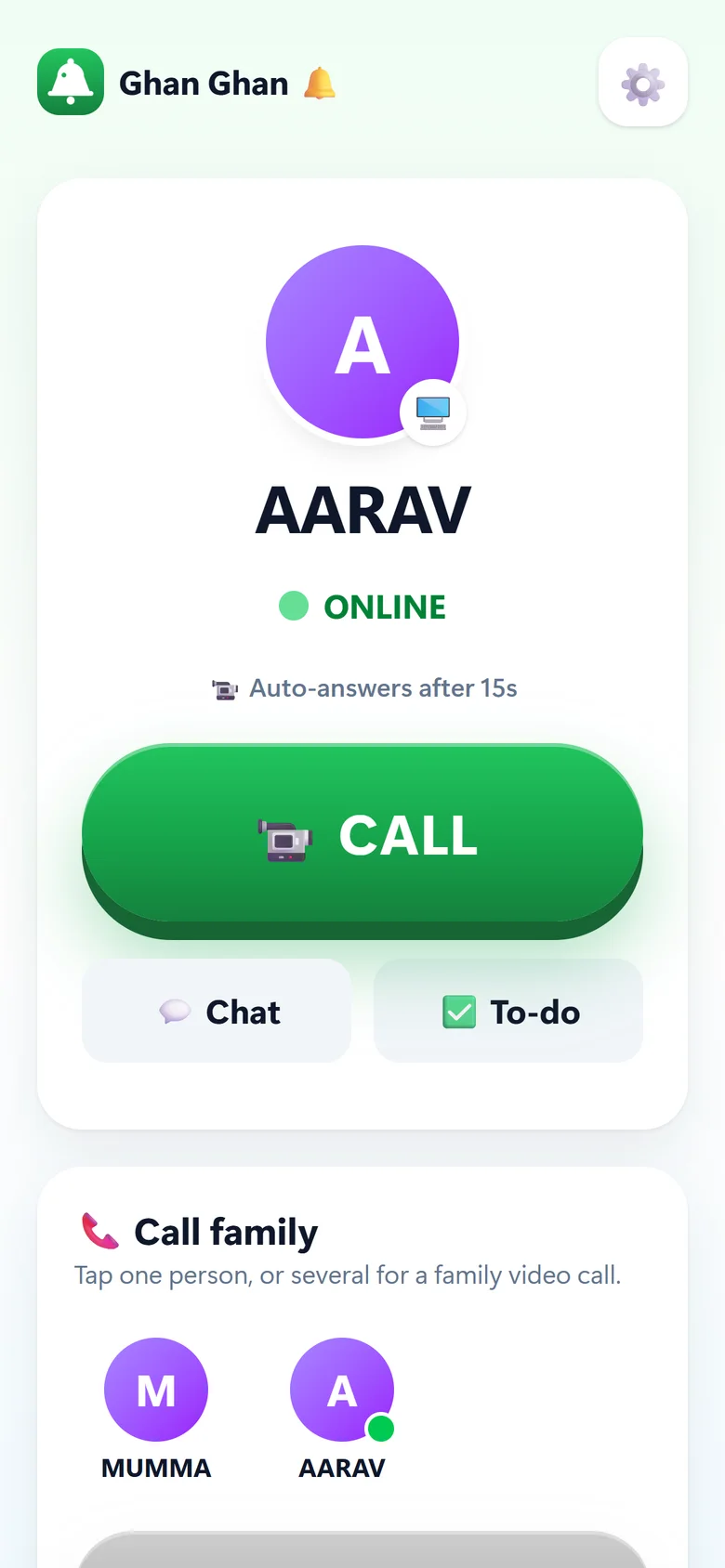 Parent's phone: AARAV is online — tap CALL