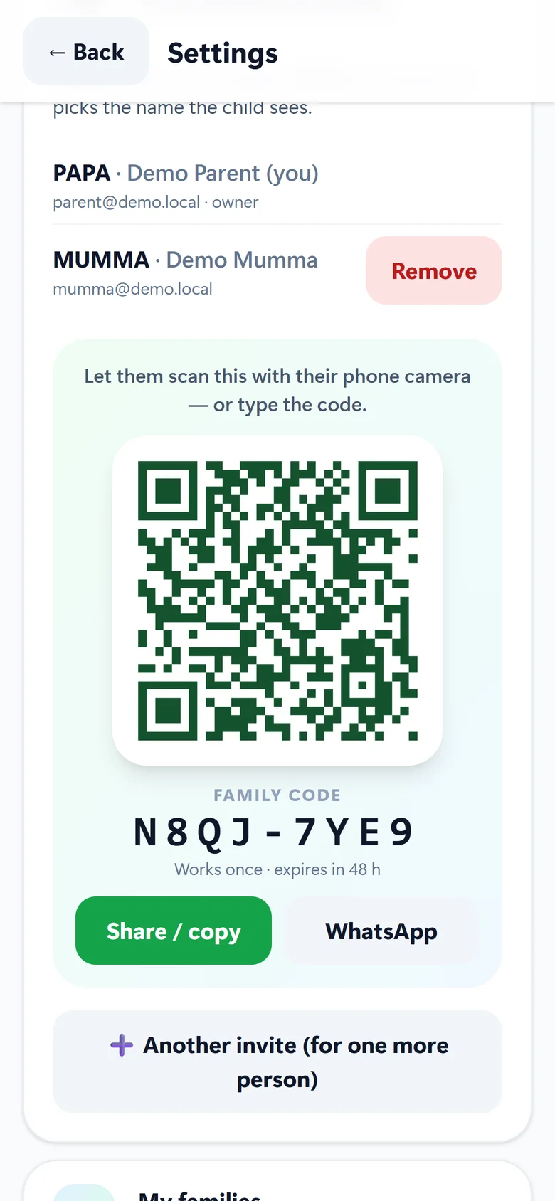 Invite a relative with a QR code and family code