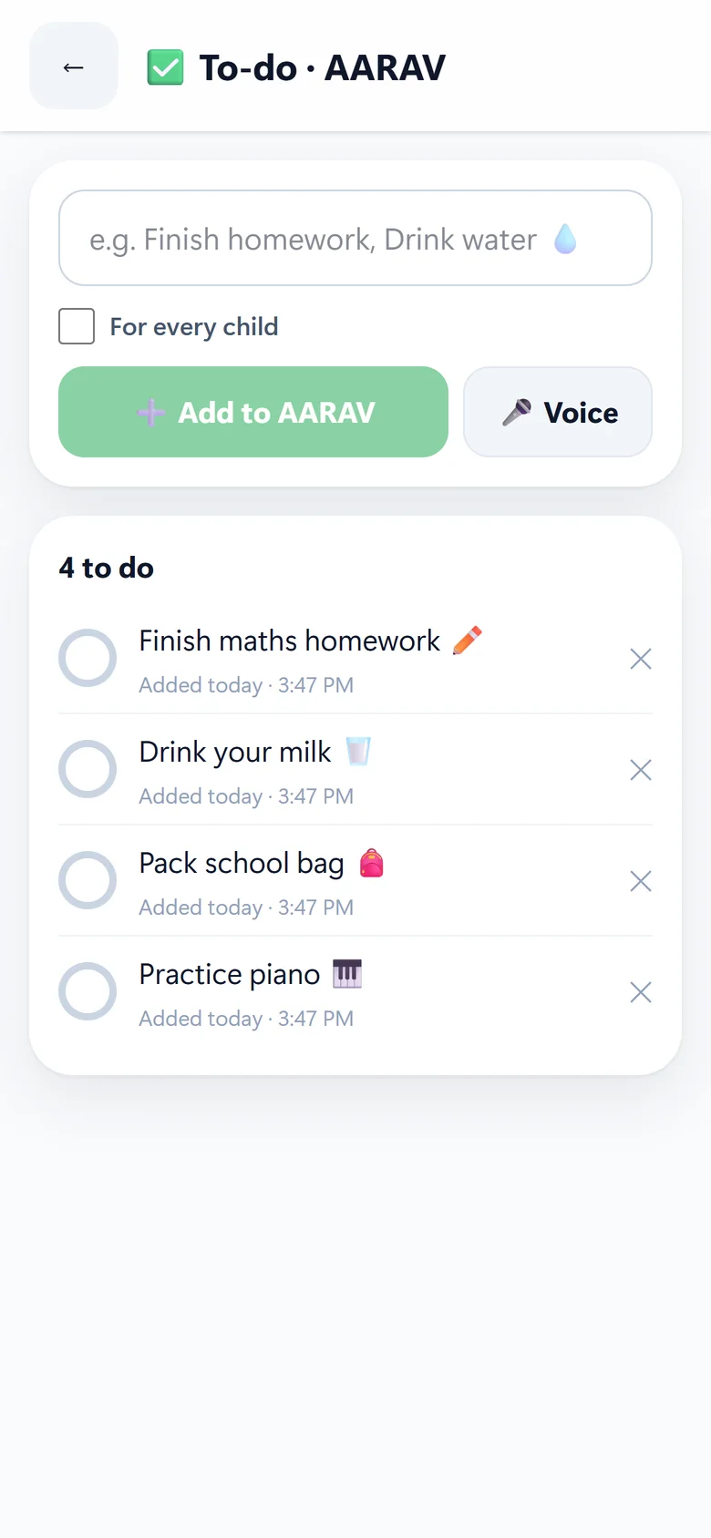 Parent phone: to-do list for Aarav
